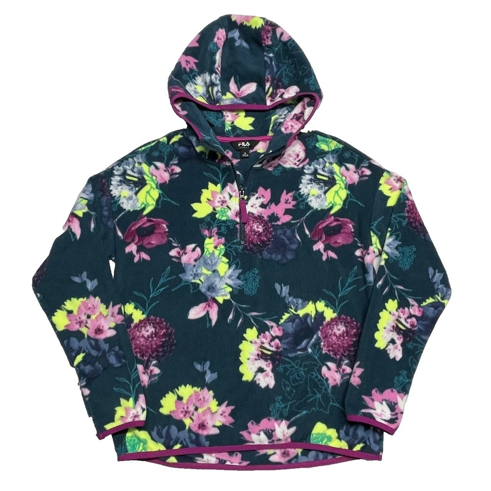Fila Sport Fleece Women's Small Floral Pullover Hooded Deep Teal Blue Green